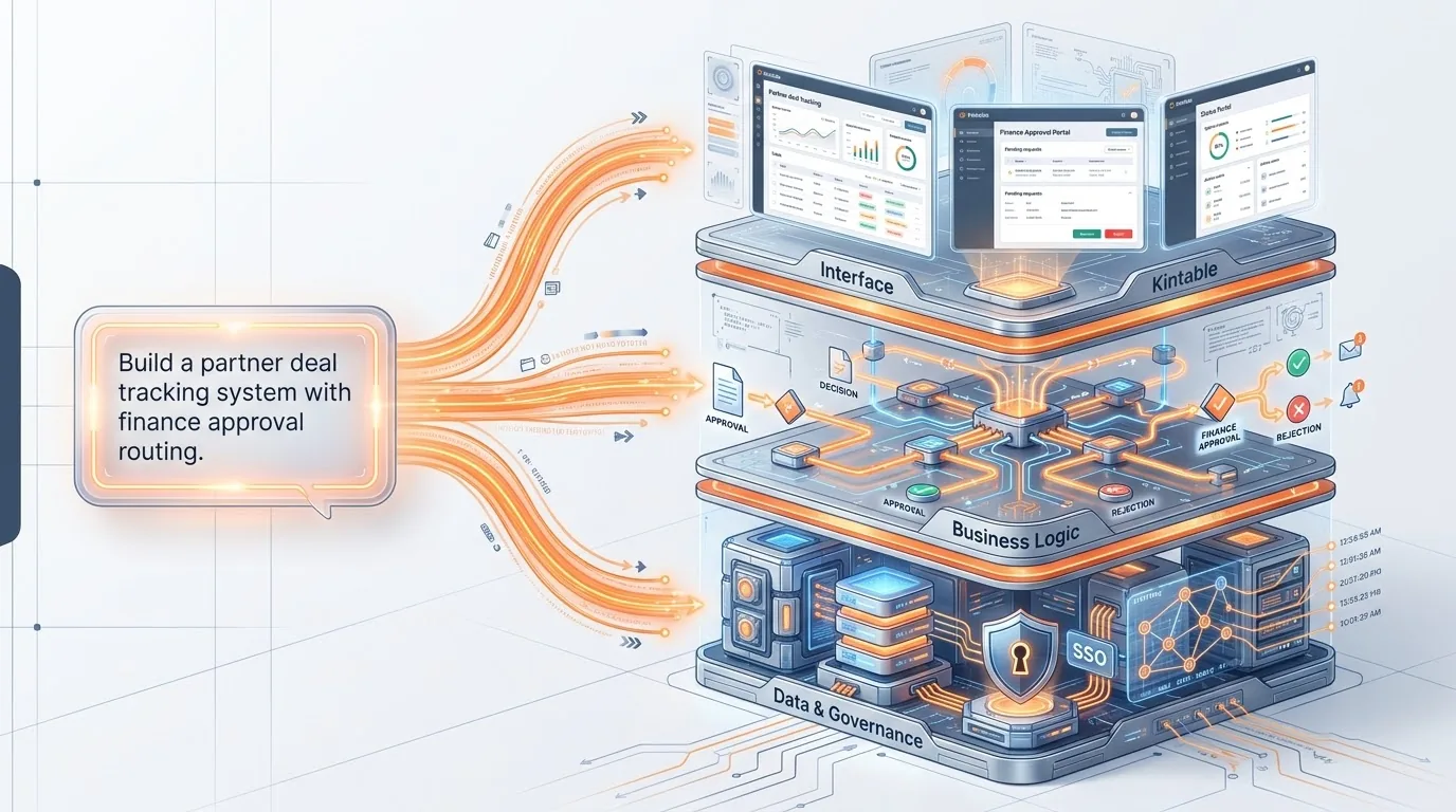 AI business system builder turning a prompt into connected records, approvals, portals, and integrations