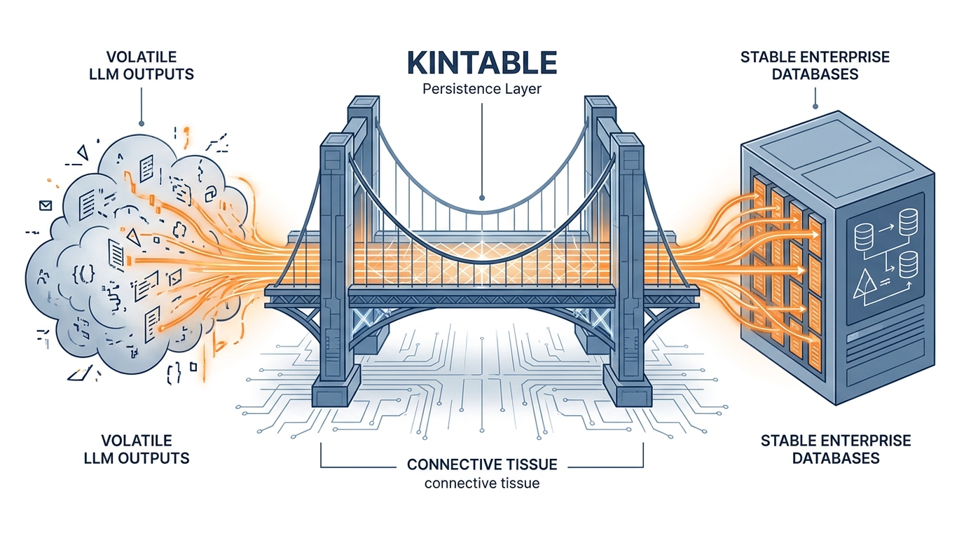 Kintable persistence layer bridging volatile LLM outputs and stable enterprise databases